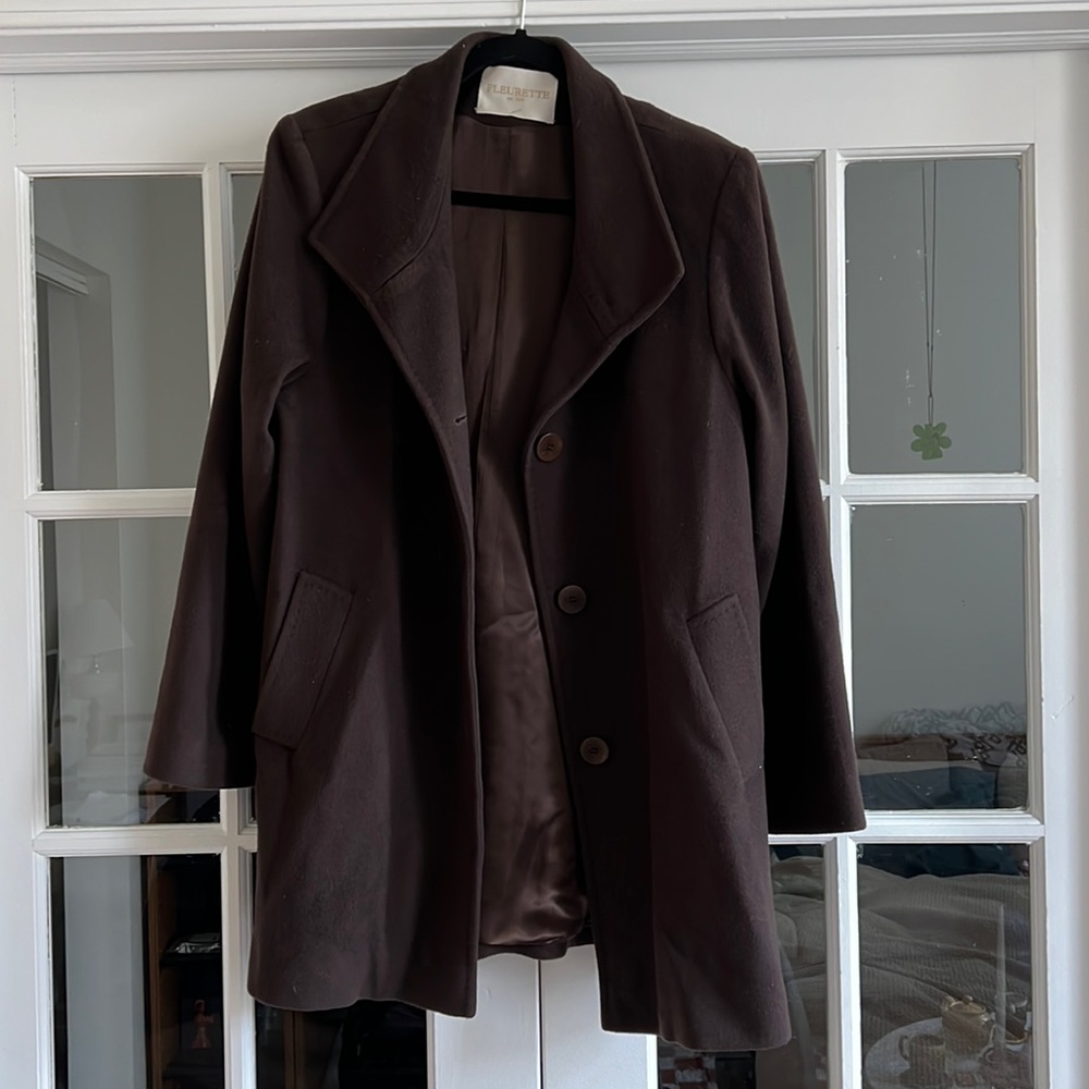 Chocolate brown fleurette 100% wool trench coat
